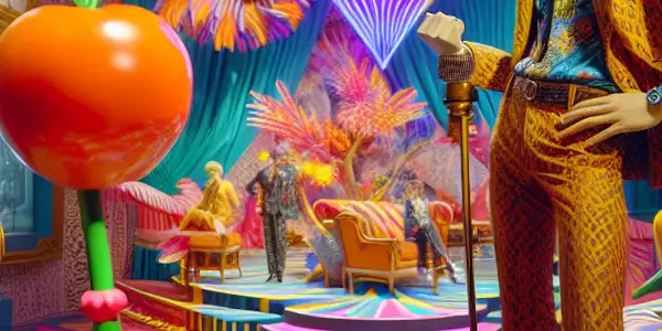 A whimsical adult film set featuring Joseph in a playful pose, surrounded by colorful, exaggerated props and vibrant decor.
