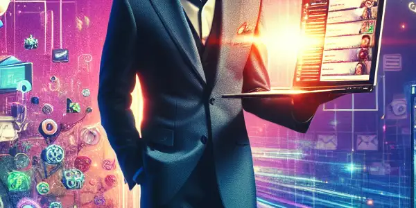 A confident mogul in a digital landscape, symbolizing the rise of an online adult entertainment empire.