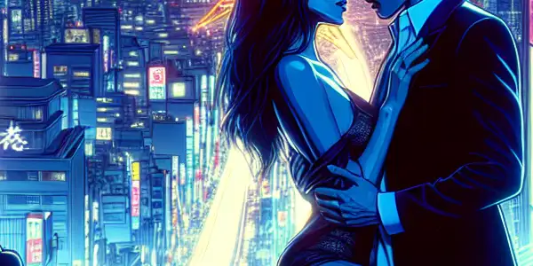 A passionate couple embraces in a vibrant Tokyo nightscape, illuminated by neon lights and hints of eroticism.