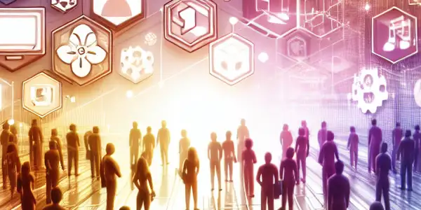 A vibrant virtual community scene featuring diverse individuals discussing adult content while emphasizing inclusivity and safety.