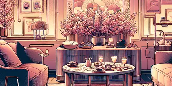 A luxurious, dimly lit room featuring adult magazines, erotic paraphernalia, and abstract visuals, creating an intimate atmosphere.