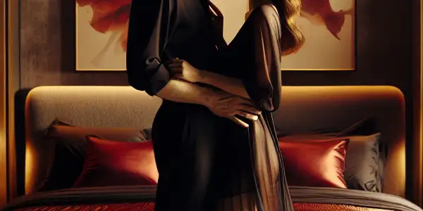 A couple embraces in a dimly lit, elegantly styled bedroom, surrounded by luxurious decor and intimate atmosphere.