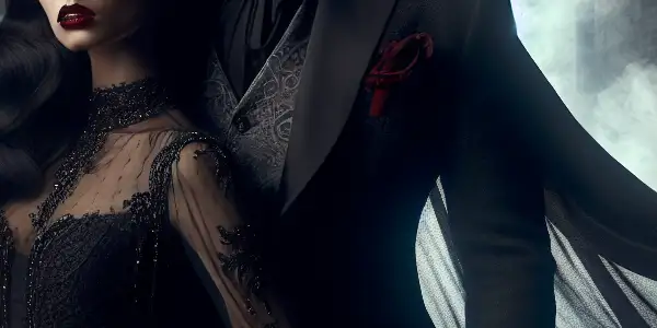 A dark, romantic scene featuring two seductive vampires in an ancient castle, surrounded by mist and shadows.