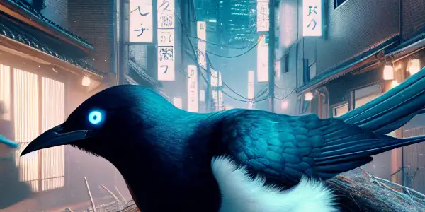 A cuckoo bird aggressively perches on a magpie's nest in a dark, neon-lit urban landscape, symbolizing invasion.