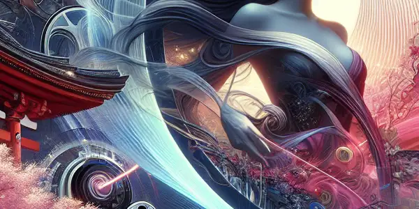 A glamorous Hollywood actress amidst cherry blossoms and urban landscapes, embodying a seductive, cross-cultural atmosphere.