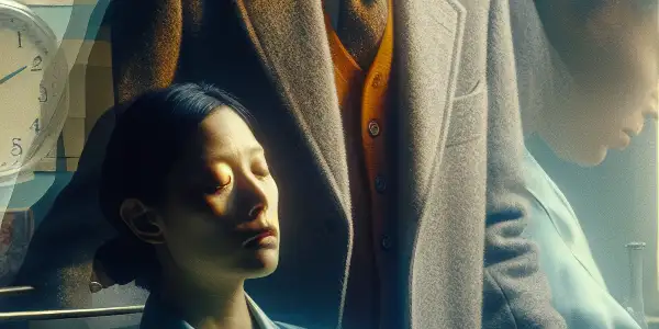 A couple in a dim room displays physical closeness but emotional detachment, surrounded by mundane, dreamlike elements.