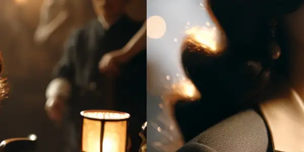 A beautiful Japanese actress exudes charm in a romantic, softly lit setting, evoking passion and allure.