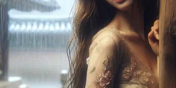 A young Korean woman under a traditional house eaves, lost in thought during a gentle rainstorm.