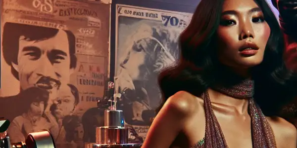 A vibrant 1970s film set featuring stylish characters, vintage cameras, and playful elements reflecting sensuality and nostalgia.