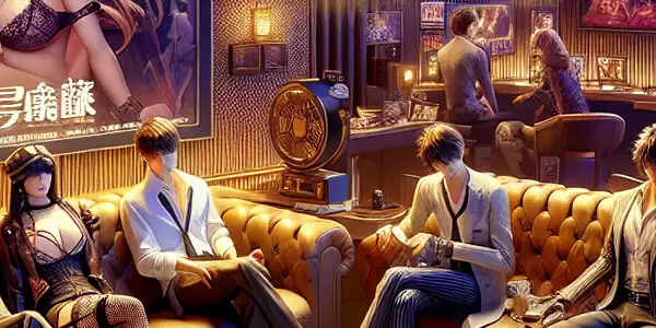 A luxurious, dimly lit lounge with diverse characters playfully interacting, embodying elegance and allure in an intimate atmosphere.