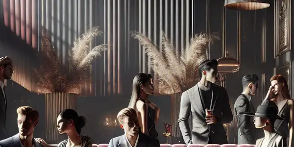 A luxurious lounge with a crimson sofa, diverse characters engaging in flirtatious conversation, and elegant decor.