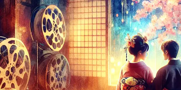 A romantic couple in traditional Japanese attire, set in a cozy film backdrop with cherry blossoms and soft lanterns.