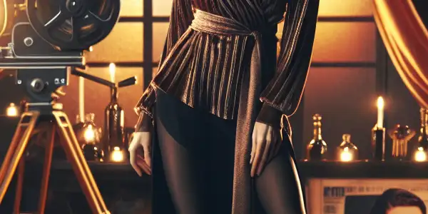A glamorous film studio scene featuring a stunning female star with long legs, exuding allure and sophistication.