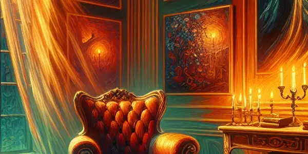 A cozy, dimly lit room with a plush armchair, erotic novels, and sensual art, enhanced by a moonlit garden view.