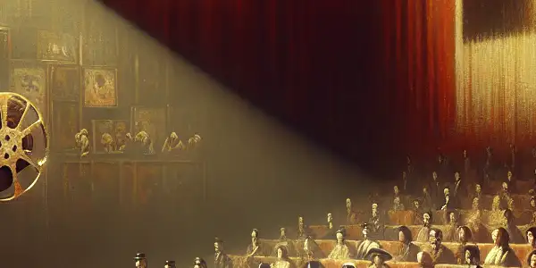 A vintage underground cinema scene with diverse viewers captivated by abstract, suggestive imagery from 1980s erotic films.