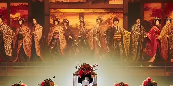 A captivating performance of Japanese erotic dance theatre featuring elegantly dressed dancers on a traditional stage adorned with cherry blossoms.