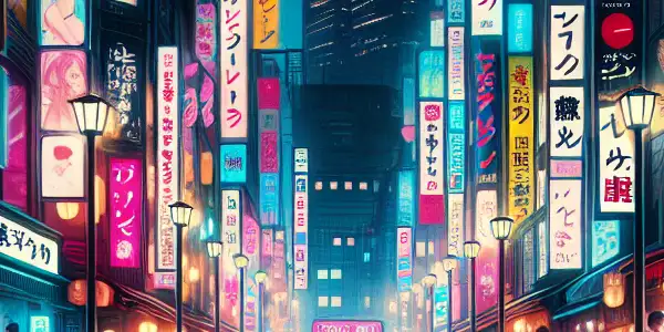 A vibrant Tokyo street at night, showcasing neon signs and characters representing Japan's adult entertainment culture.