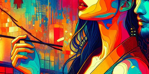 A vibrant scene featuring diverse characters in traditional and modern attire amidst cherry blossoms and neon cityscapes, embodying passion and culture.