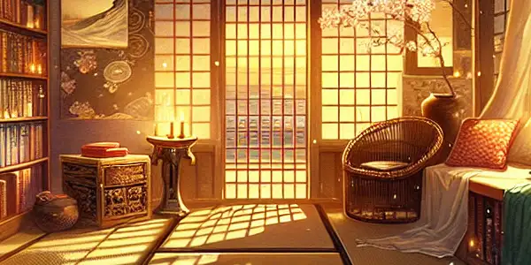 A cozy, dimly lit room filled with colorful erotic novels and Japanese cultural elements, inviting passion and fantasy.