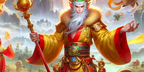 A vibrant scene blending Chinese mythology and Japanese aesthetics, featuring Sun Wukong and companions in a fantastical landscape.