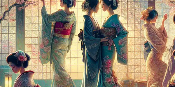 A serene Japanese setting blending traditional aesthetics with modern sensuality, featuring diverse characters and intimate expressions.